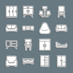 Set line Wardrobe, Bed, Sofa, Chandelier, Chest drawers, and Pouf icon. Vector