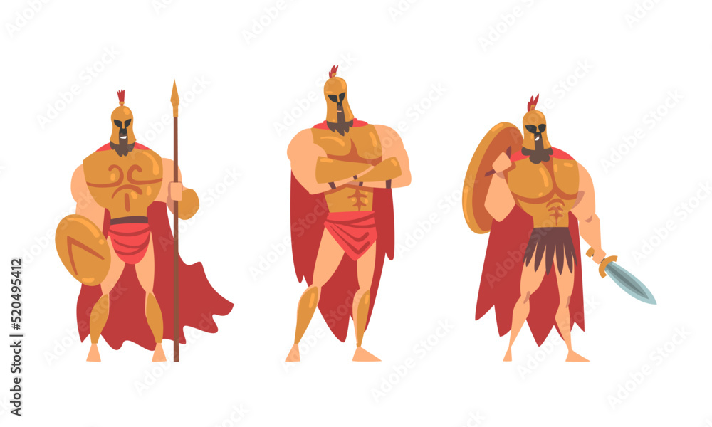 Poster spartan man in red cloak and helmet armed with spear and shield standing vector set