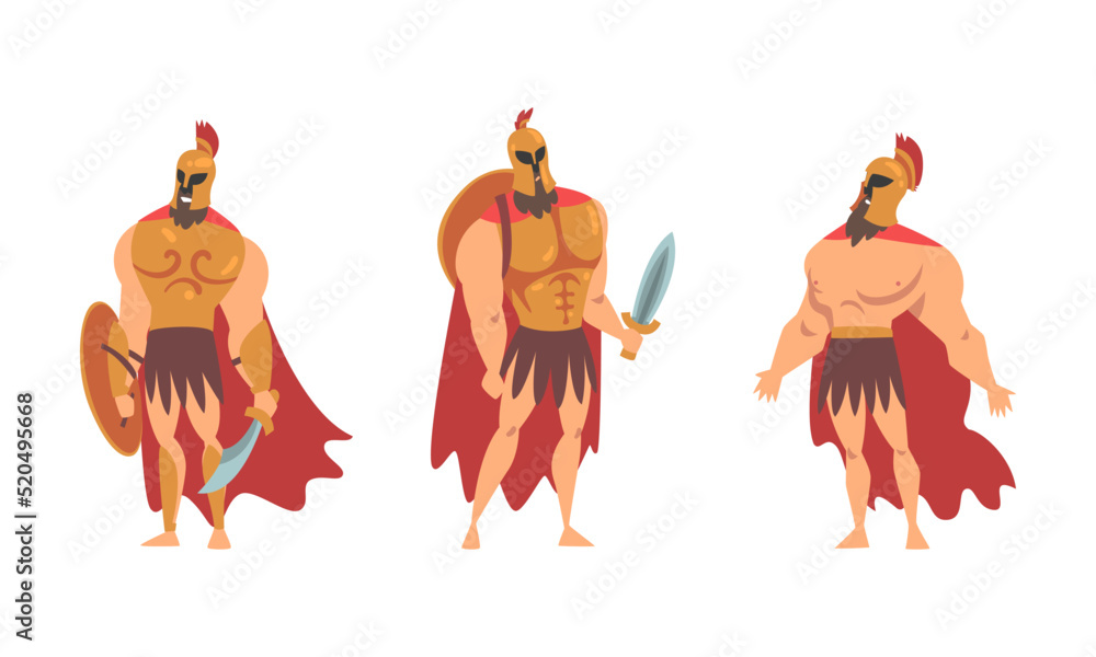 Poster spartan man in red cloak and helmet armed with sword and shield standing vector set