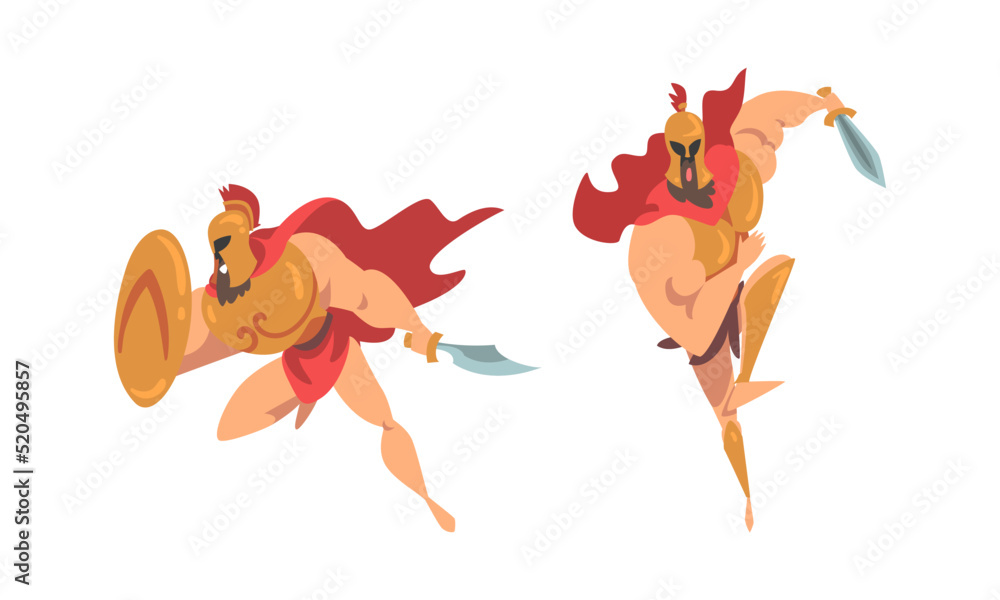 Poster spartan man in red cloak and helmet armed with sword and shield attacking vector set