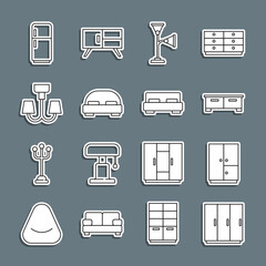 Set line Wardrobe, Chest of drawers, Floor lamp, Big bed, Chandelier, Refrigerator and icon. Vector