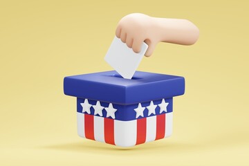 3d rendering concept of USA midterm election hand put paper to box. 3d render illustration cartoon style.