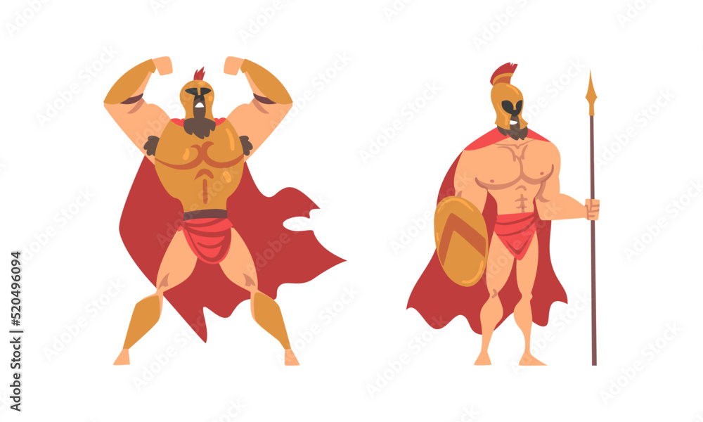 Poster spartan man in red cloak and helmet armed with spear and shield standing vector set