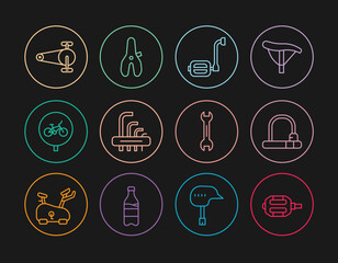 Set line Bicycle pedal, lock, Tool allen keys, chain with gear, Wrench spanner and seat icon. Vector