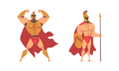 Spartan Man in Red Cloak and Helmet Armed with Spear and Shield Standing Vector Set