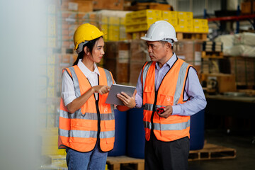 Warehouse manager and female worker with tablet for inspection and inspection of the production process in the factory.