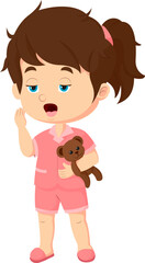 Cute girl wearing pajamas with teddy bear yawning