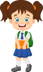 Cartoon school girl with backpack and a book
