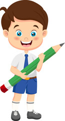 Cute school boy holding a big pencil