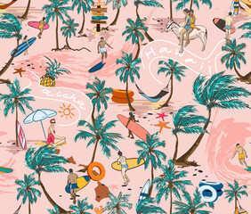 Hawaii Surf Beach Seamless Pattern illustration Vector On Pink Background Wallpaper, Palm Tree With Beach-men Playing Surf 