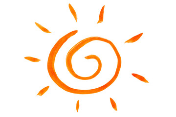 Obraz premium The symbol of the sun is drawn with an orange brush on white paper.