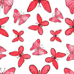 Watercolor seamless pattern, green delicate butterflies