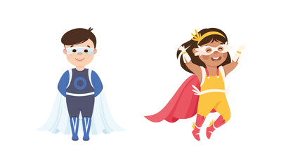 Little Boy and Girl Wearing Costume of Superhero Pretending Having Power for Fighting Crime Vector Set