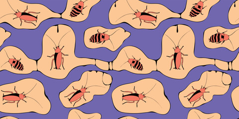Vector seamless pattern from oriental and madagascar cockroaches, beetles, insects. Pest control background and texture