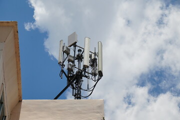 Telecommunication pole of 5G cellular. Macro Base Station. Radio network telecommunication...