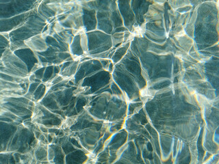 Fototapeta na wymiar Crystal clear blue water of the Mediterranean Sea on the beach of Fig Tree Bay, white sand is visible at the bottom. Water background.