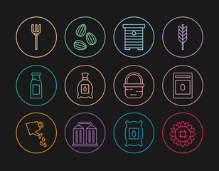 Set line Sunflower, Pack full of seeds of plant, Hive for bees, Bottle with milk, Garden pitchfork, Basket and Seeds icon. Vector