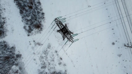Snow-covered high-voltage power line