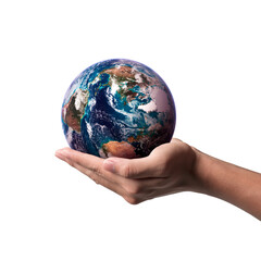 World water day. A globe falling onto the hand isolated on white background. Elements of this image furnished by NASA