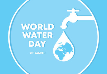 World water day poster banner background with faucet and world map on blue color.