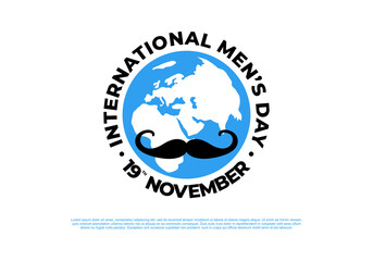 Men day background banner poster with moustache and world globe on white color.