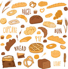 Bread outline icons. Drawing rye, whole grain and wheat bread, pretzel, muffin, pita , ciabatta, croissant, bagel, toast bread, french baguette for design menu bakery. Vector illustration.