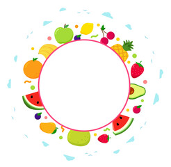 Summer fruits around the circle. Fruit frame with copy space for text.
