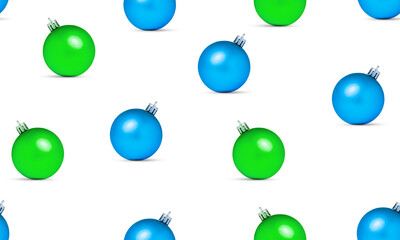 Blue and green christmas balls on white background seamless pattern