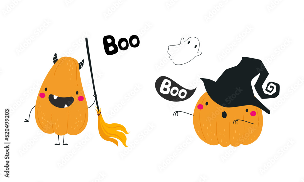 Poster cute orange pumpkin character in witch hat with broom having fun at halloween holiday vector set