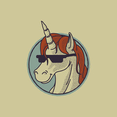 Cartoon emblem of unicorn head wearing glasses with retro style