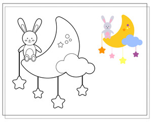 Coloring book for children. Draw a cute cartoon cute bunny sitting on the moon based on the drawing. Vector isolated on a white background.