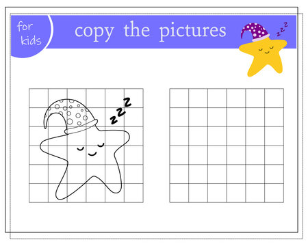 Copy the picture, educational games for kids, Cartoon star sleeping in a sleep cap. vector isolated on a white background