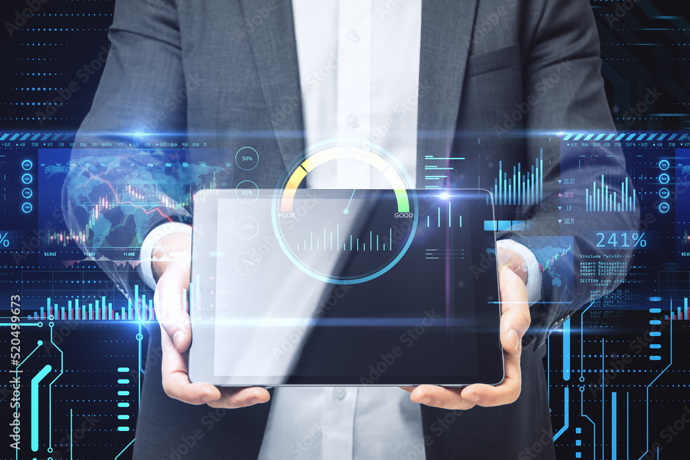 Poster businessman hands holding tablet with high-tech sensor circuit board panel hologram with business ch