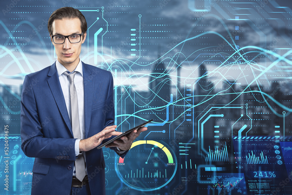 Poster attractive young european businessman using tablet with high-tech sensor circuit board panel hologra