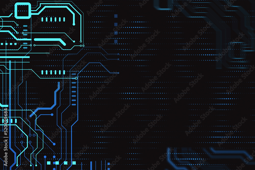 Poster High-tech sensor circuit board panel. Technology and digital communication concept on dark wallpaper. 3D Rendering.