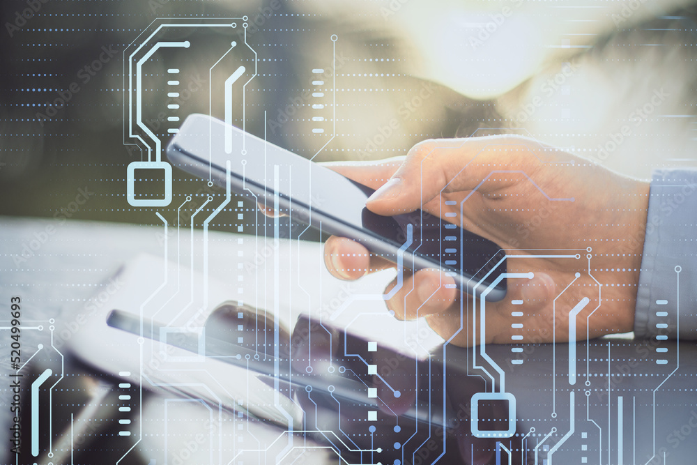 Poster High-tech sensor circuit board panel. Close up of businessman hands using smartphone with hologram. Technology and digital communication concept on blurry outdoor background. Double exposure.