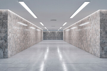 Modern marble underground hallway interior. Passage concept. 3D Rendering.