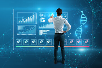 business man using holographic projection. Futuristic medicine research gene therapy health analysis laboratory chemistry illustration. Hologram on blurry blue background.