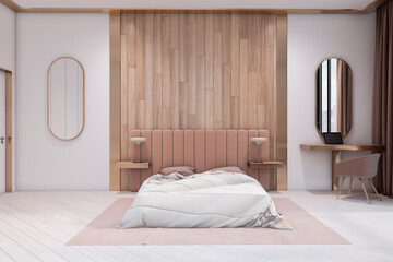 Modern wooden and concrete stylish hotel bedroom interior. Design concept. 3D Rendering.