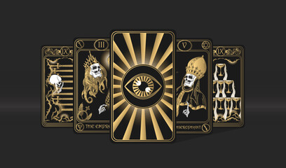 Black vector banner for fortune telling, tarot reading concept with tarot cards. Magic background design vector illustration in gold colour. Landing page, web design. Occultism, esoteric, witchcraft.