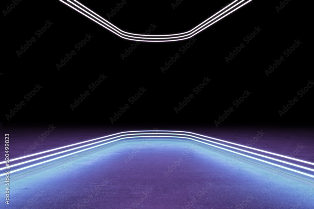 Poster abstract blue futuristic corridor with empty mock up place on black wallpaper. 3d rendering.