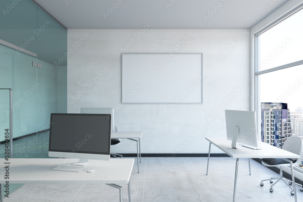 Poster modern concrete coworking office interior with empty computer screen and mock up poster on wall, win