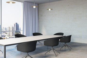 Modern meeting room office interior with table, armchairs, window with city view, curtains and mock up place on wall. 3D Rendering.