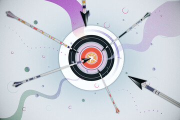 Bulls eye target with arrows on light background. Targeting and aim concept. 3D Rendering.