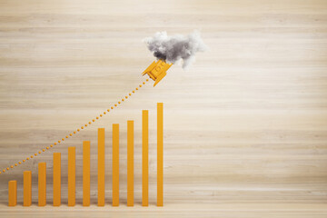 Abstract growing upward chart with rocket in cloud on wooden background with mock up place for your advertisement. Financial growth and start up concept. 3D Rendering.