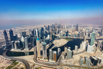 Naklejka na ściany i meble Dubai aerial view of downtown skyscrapers with Burj Khalifa.