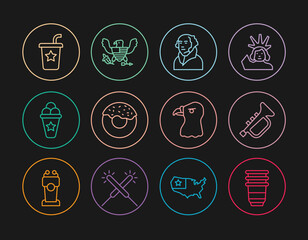 Set line Paper glass, Trumpet, George Washington, Donut, Ice cream waffle cone, with straw, Eagle head and icon. Vector