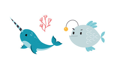 Cute Narwhal with Horn and Anglerfish as Sea Animal Floating Underwater Vector Set