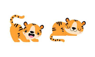Cute Little Striped Tiger Cub with Orange Fur Sleeping and Roaring Vector Set
