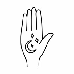 Hand with moon and star. Astrological symbol. Magic. Vector doodle illustration.